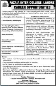 Fazaia Inter College Lahore Jobs Announcement 2025