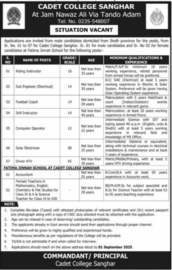 Cadet College Sanghar Jobs Announcement 2025