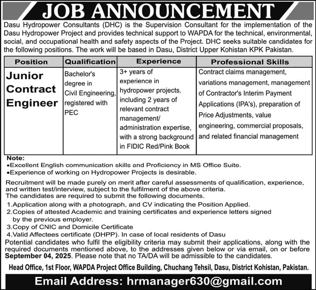 Dasu Hydropower Consultants Kohistan Job 2025