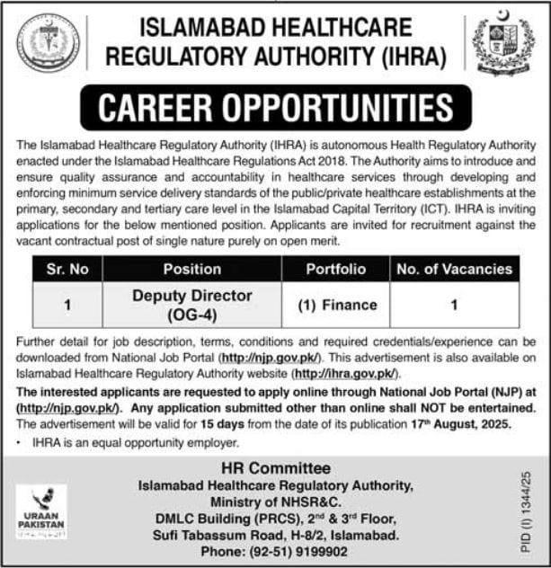 Islamabad Healthcare Regulatory Authority IHRA Job 2025