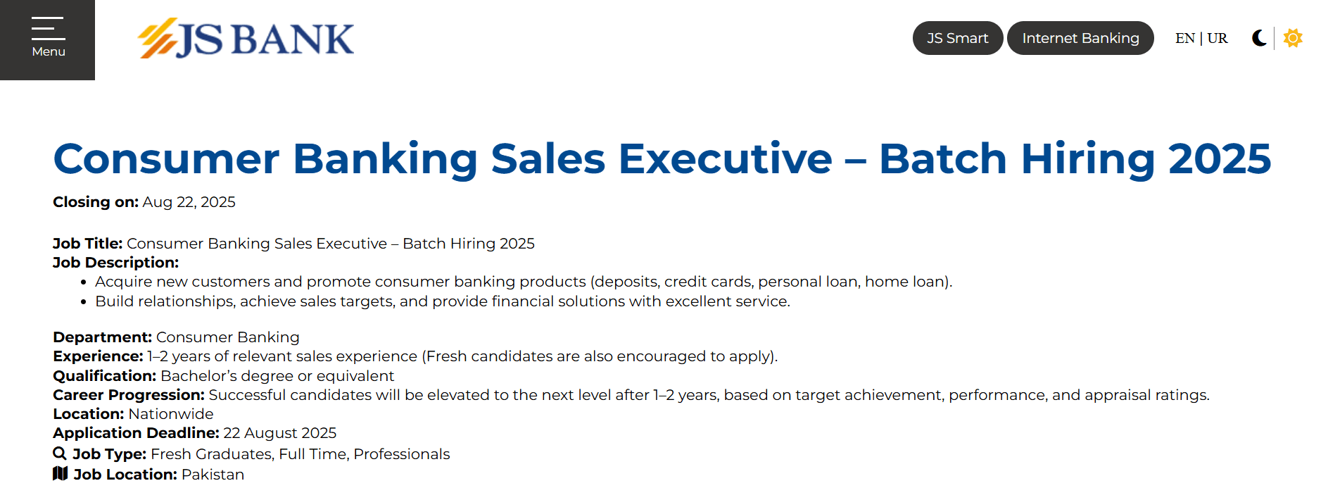 JS Bank Jobs 2025