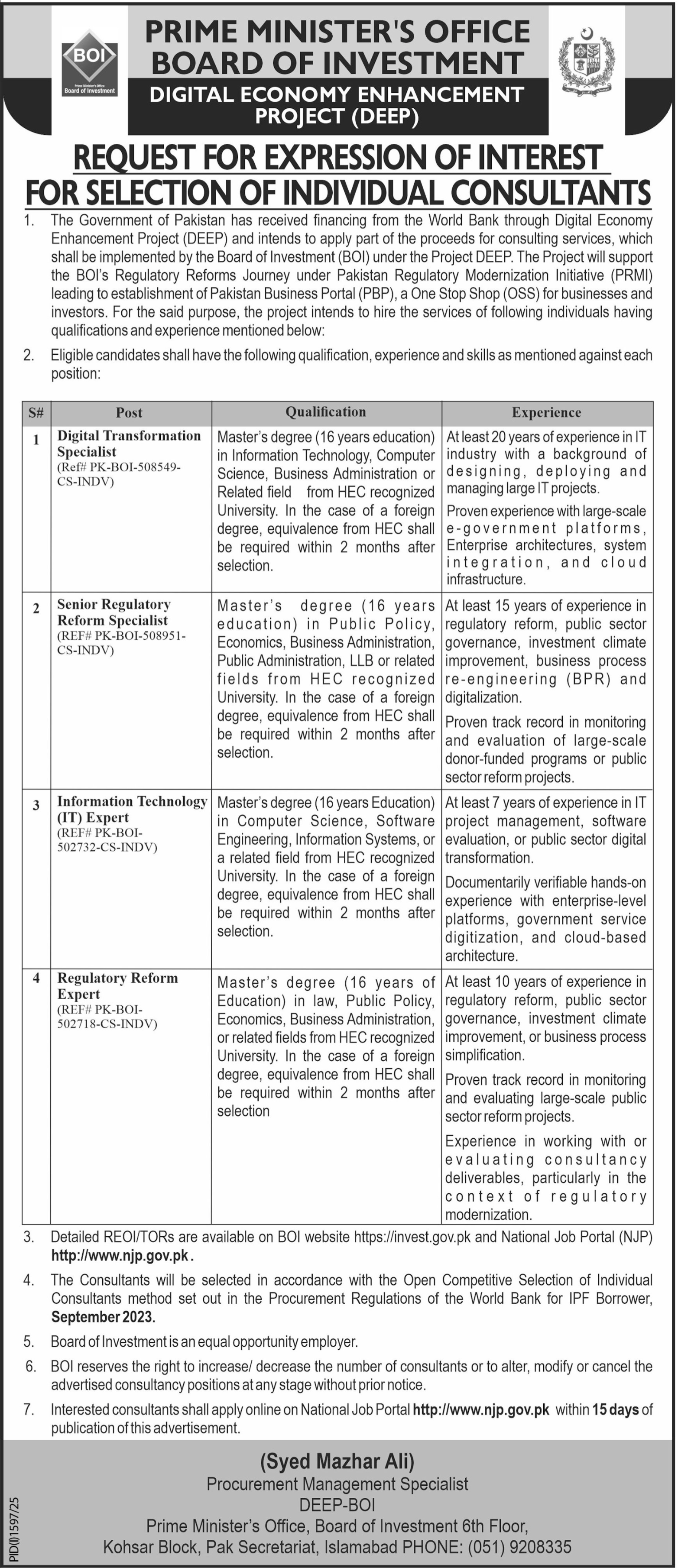 Latest Board of Investment Islamabad Jobs Notice 2025