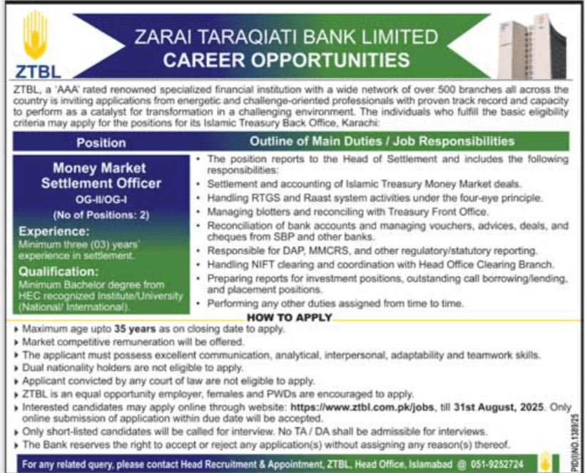 Latest Zarai Taraqiati Bank Limited ZTBL Jobs 2025