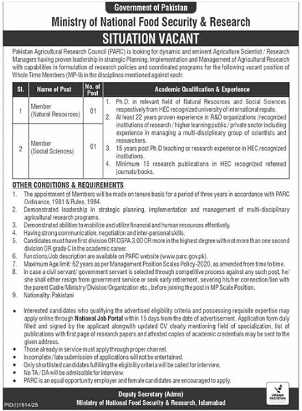 Ministry of National Food Security & Research MNFSR Jobs