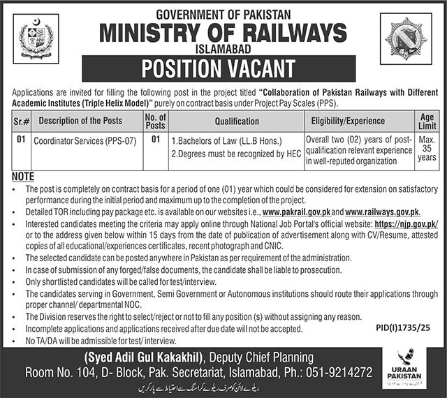Ministry of Railways Islamabad Job Notice 2025