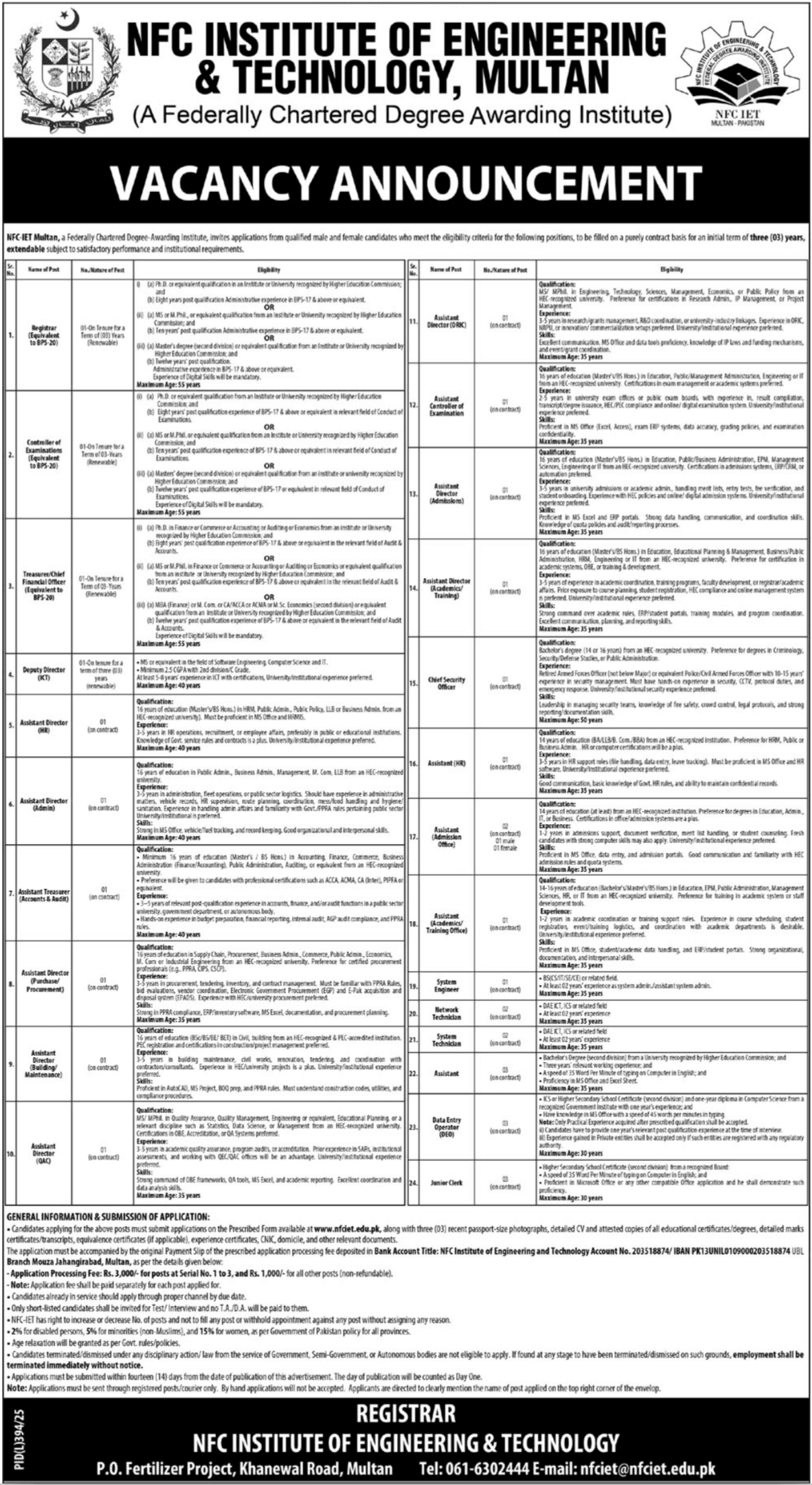 NFC Institute of Engineering & Technology Islamabad Jobs