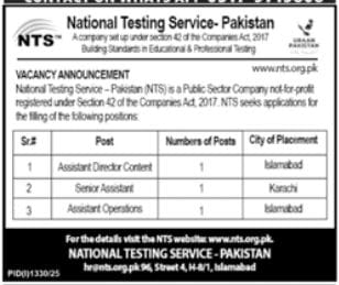 National Testing Service Pakistan NTS Islamabad Jobs Notice