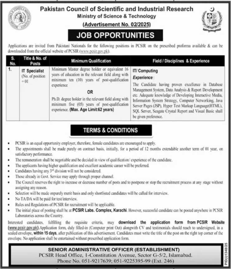 Pakistan Council of Scientific and Industrial Research Jobs