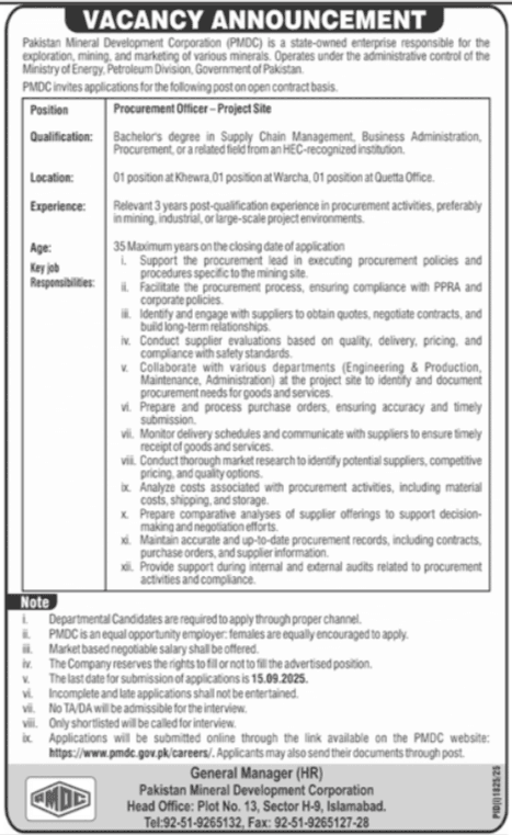 Pakistan Mineral Development Corporation Job Notice 2025