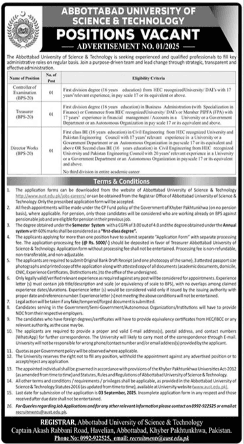 Posts Open at Abbottabad University of Science