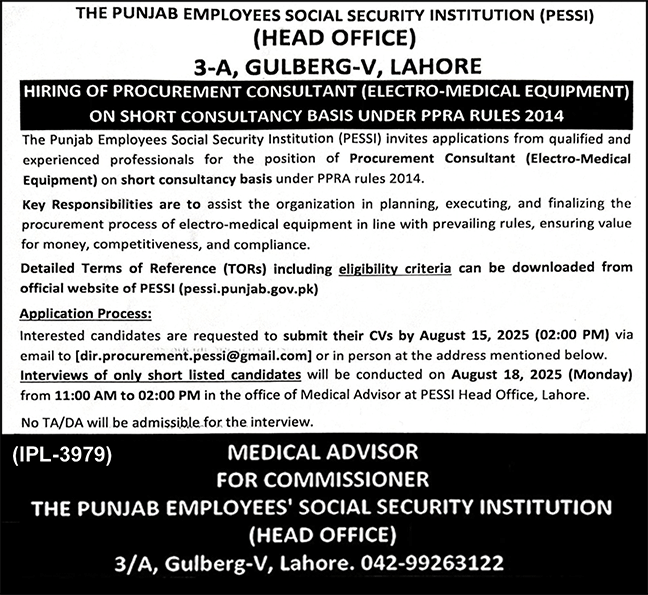 Punjab Employees Social Security Institution Lahore Job 2025