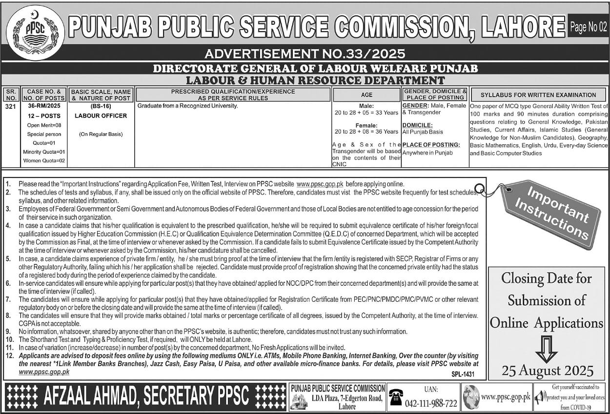 Punjab Public Service Commission PPSC Lahore Jobs 2025