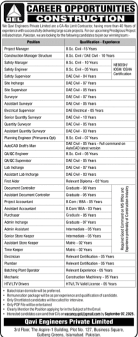 Qavi Engineers Pvt Limited QEL Islamabad Jobs Notice