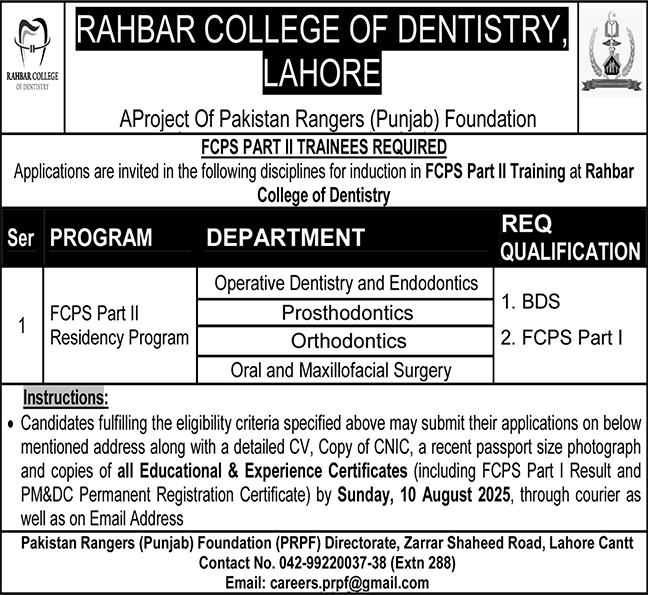 Rahbar College of Dentistry Lahore Cantt Job 2025
