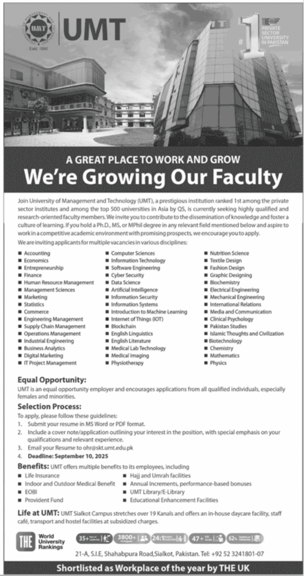 University of Management and Technology Sialkot Jobs Notice