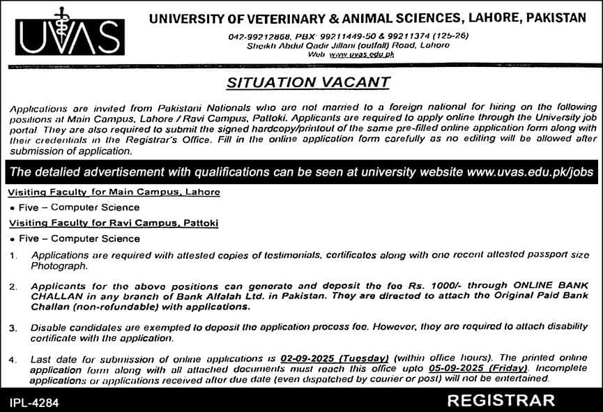University of Veterinary & Animal Sciences UVAS Jobs 2025