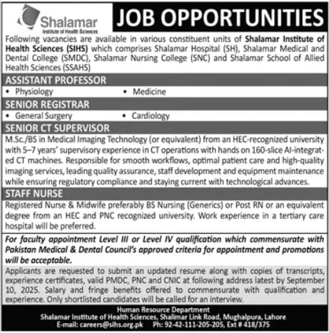 Latest Shalamar Institute of Health Sciences Lahore Jobs