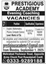 Prestigious Academy Rawalpindi Cantt Jobs 2025