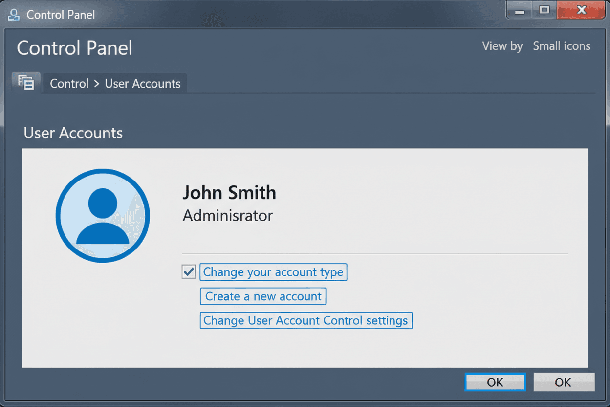check admin privileges windows control panel
