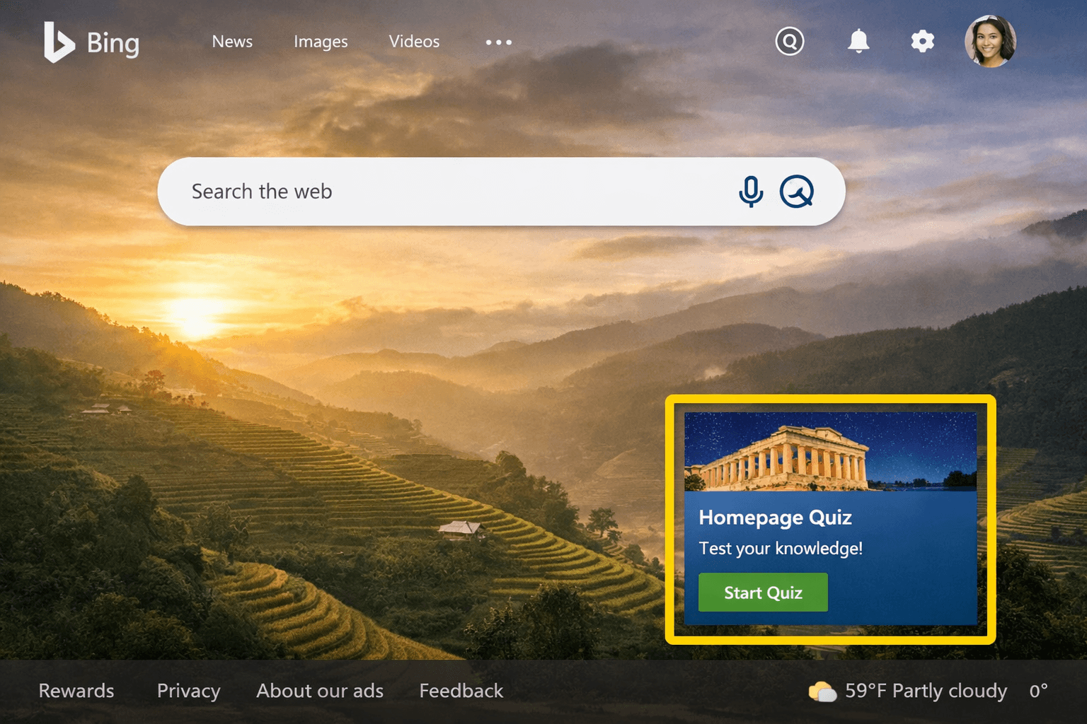Bing Homepage Quiz card