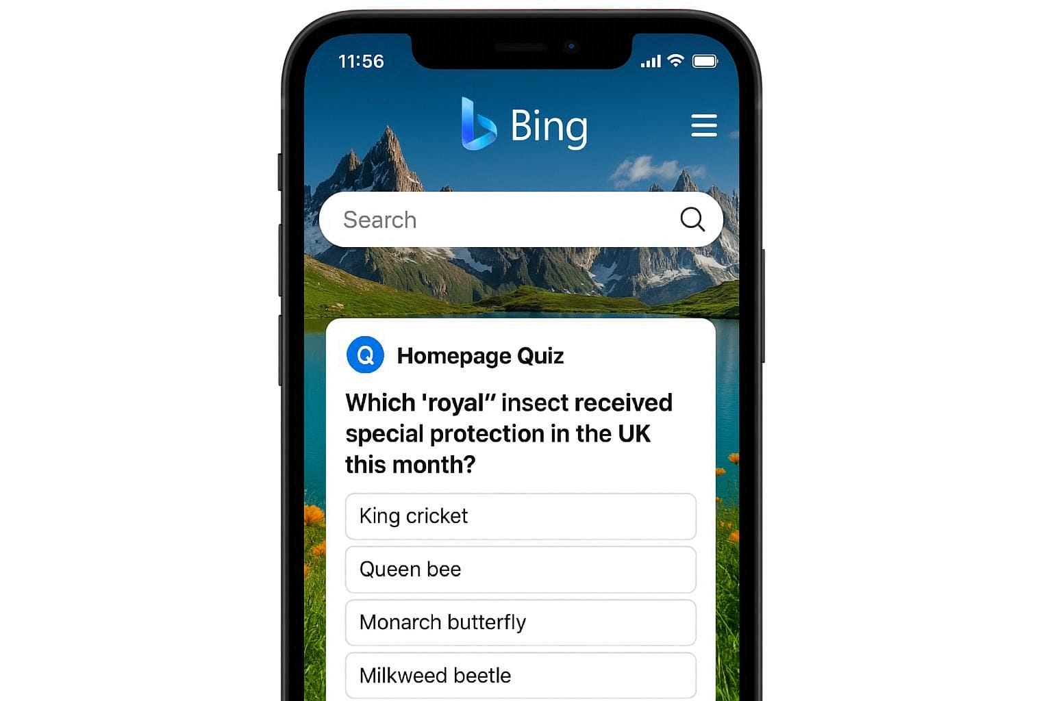 Bing Homepage Quiz visible on mobile screen