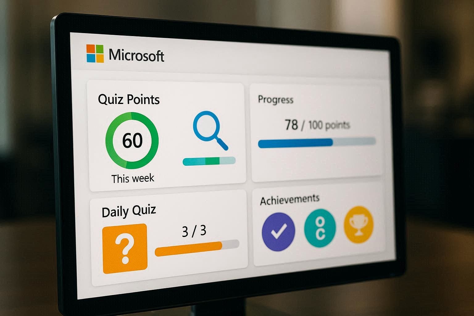 Microsoft Rewards dashboard showing quiz points