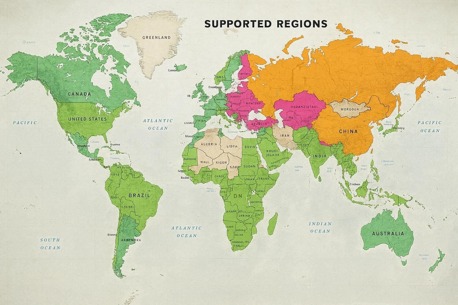 World map showing supported regions
