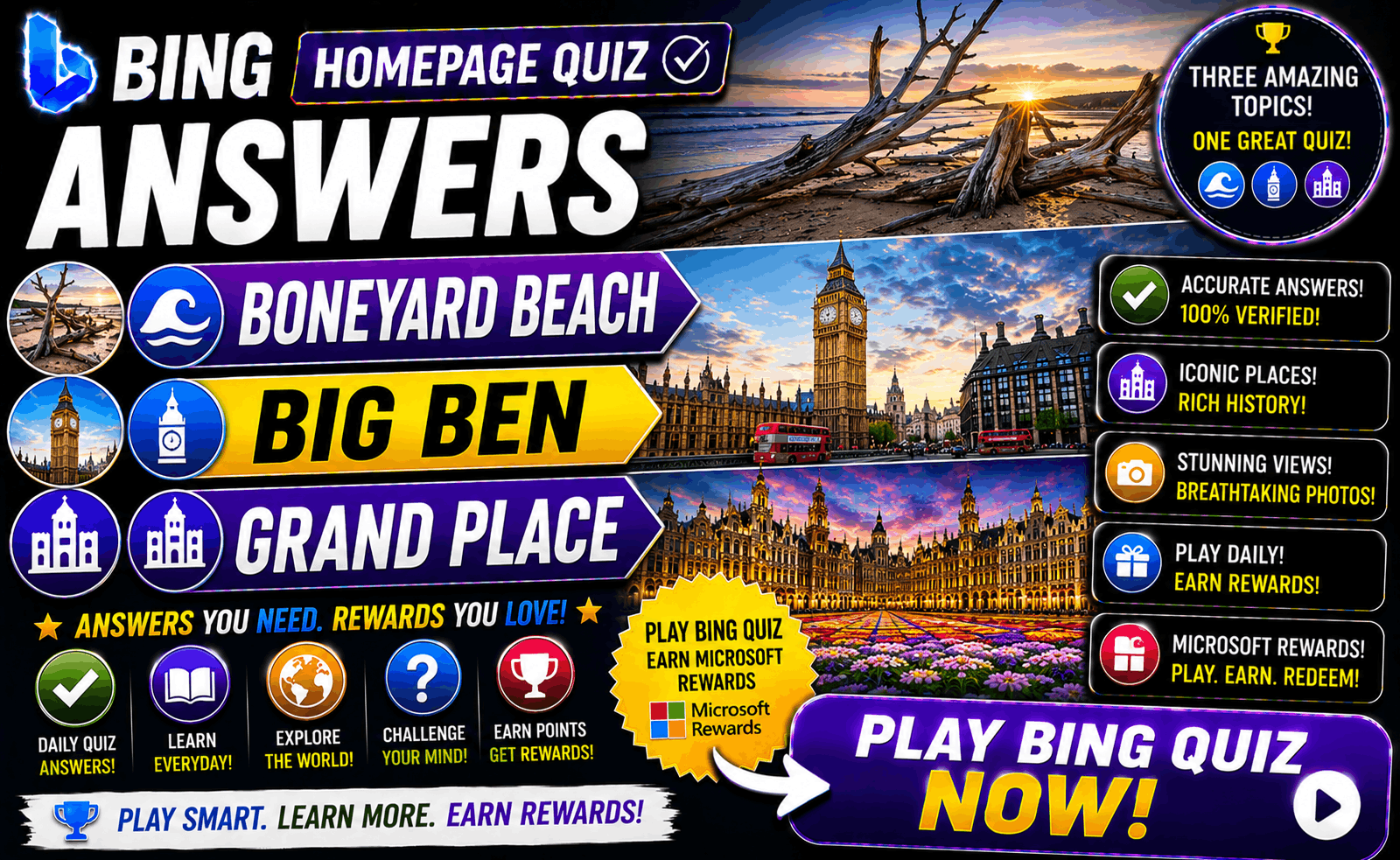 Read more about the article Bing Homepage Quiz Answers – Boneyard Beach, Big Ben & Grand Place | Play Bing Quiz for Microsoft Rewards